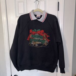 Vintage Cross Stitch Collared Sweatshirt Seasons Greetings Bells Bows Rare XL